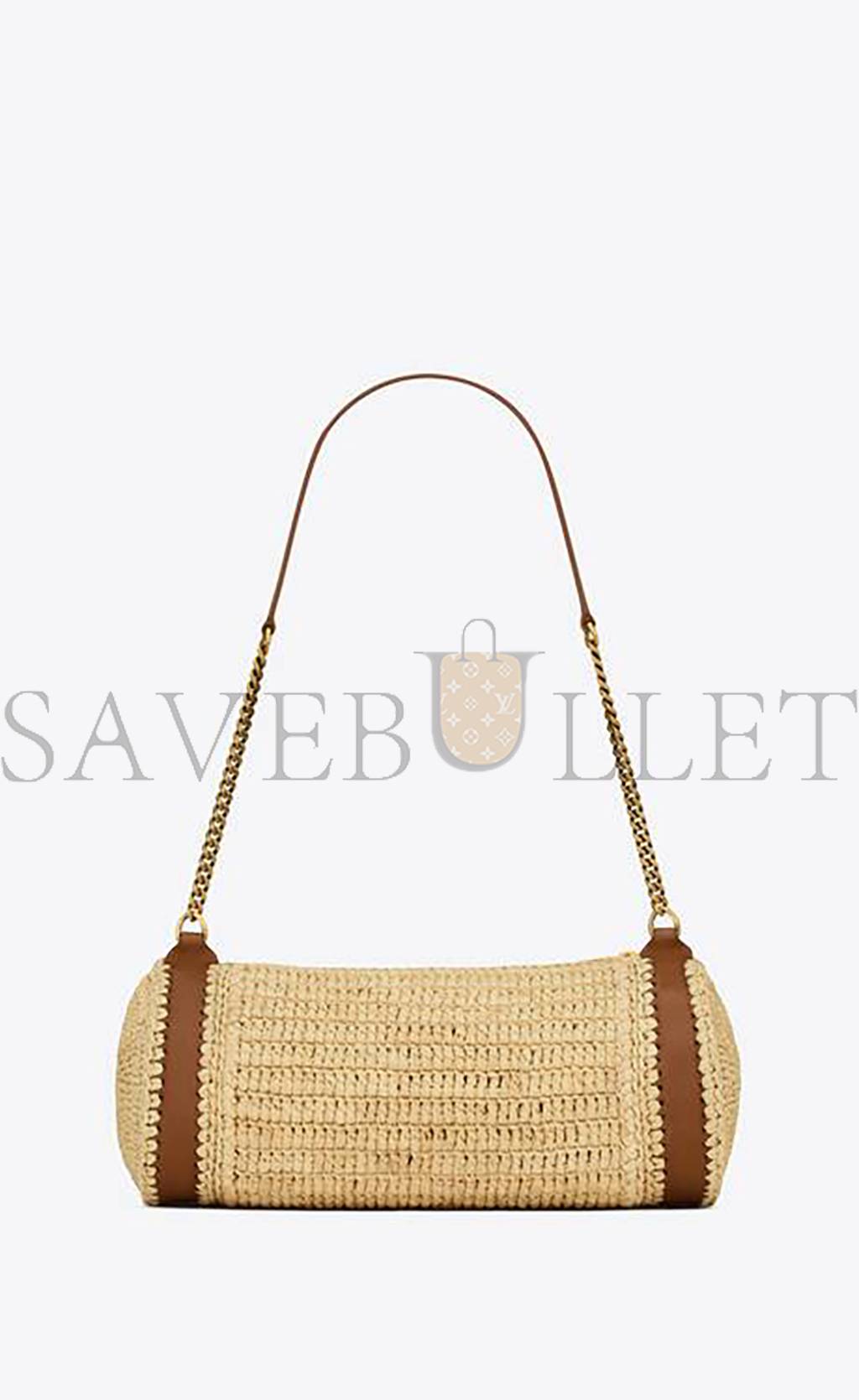 YSL CASSANDRE SMALL CYLINDRIC BAG IN RAFFIA AND VEGETABLE-TANNED LEATHER 744504GAABN2080 (24.5*11*11cm)