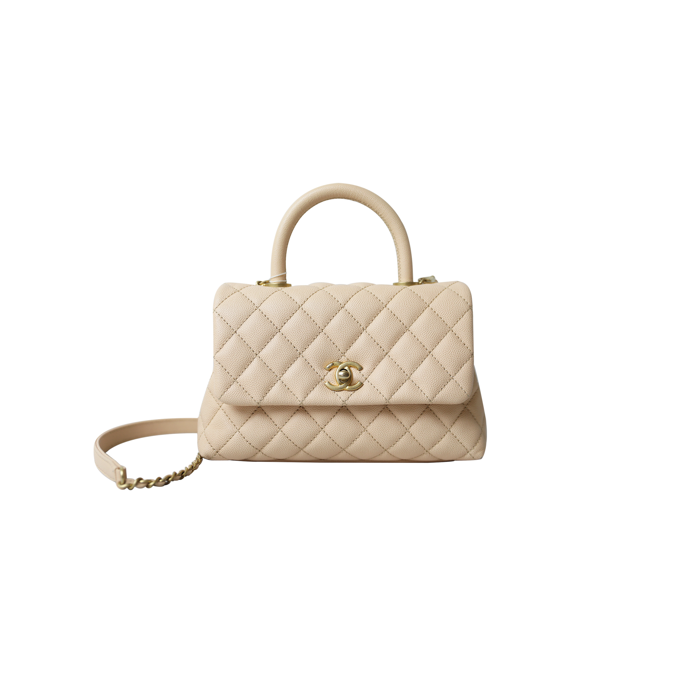 CHANEL COCO HANDLE MINI, BEIGE CAVIAR WITH GOLD HARDWARE (23*14*9cm)