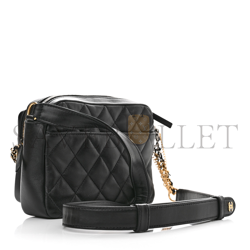 Ch*el calfskin quilted small camera case black as2923 (20.5*14.5*9cm)