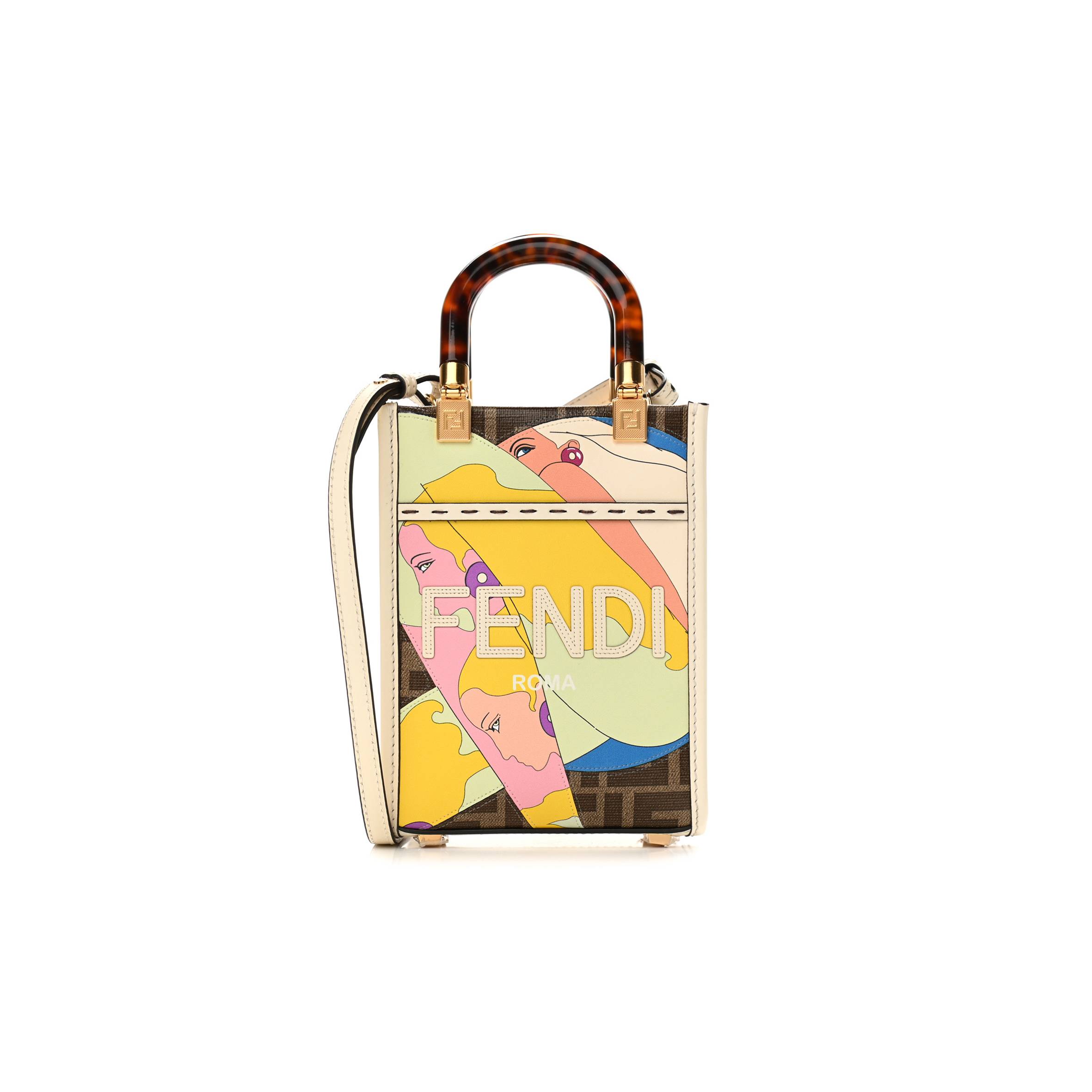 F**di glazed fabric vitello king plexiglass ff 1974 logo hairdo girls inlay mini F**di sunshine shopper tote mogano panna multicolor (17*13*5cm)