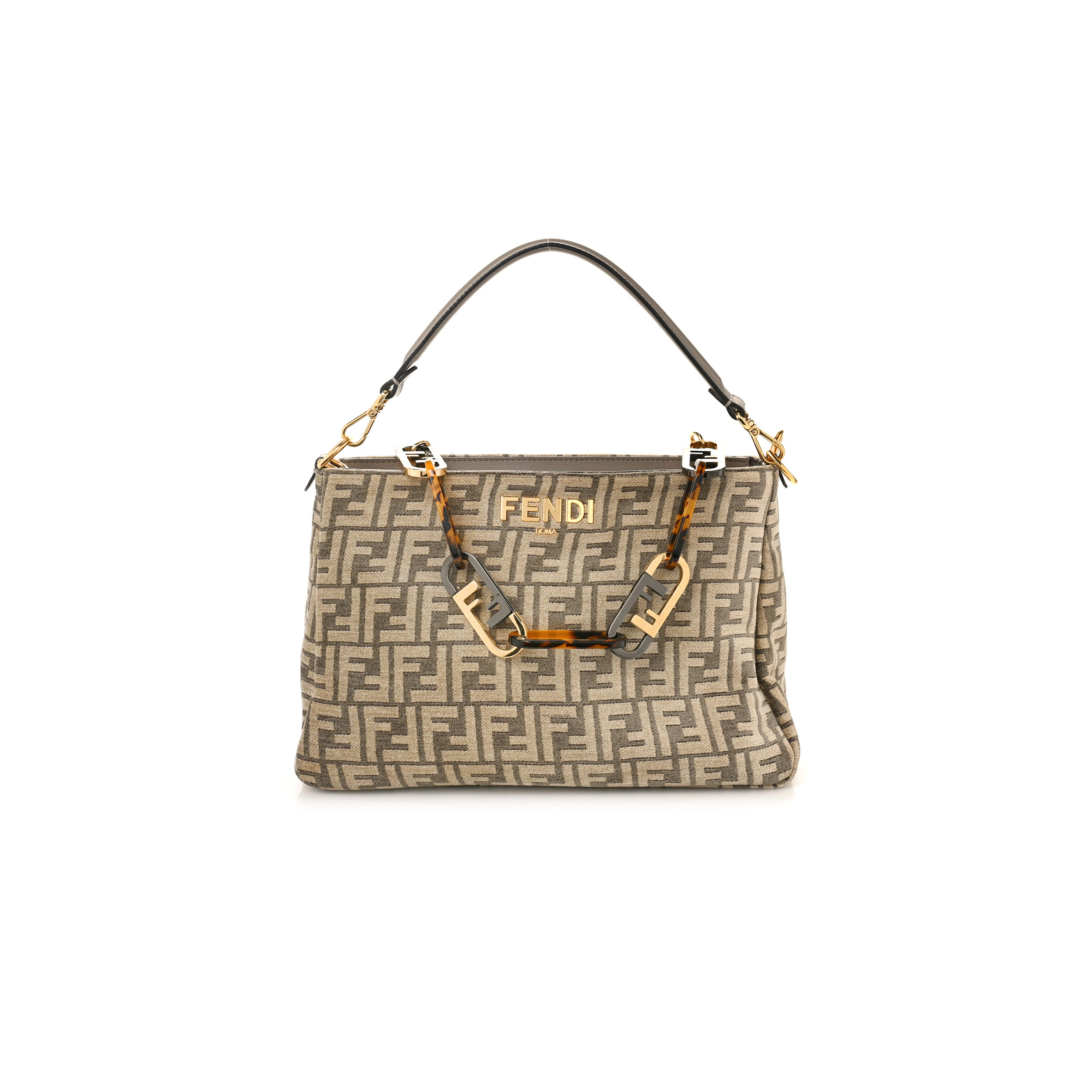 FENDI CHENILLE VITELLO SETA PLEXIGLASS FF FENDI O'LOCK ZIPPER TORTORA NUVOLA (34*23*13cm)