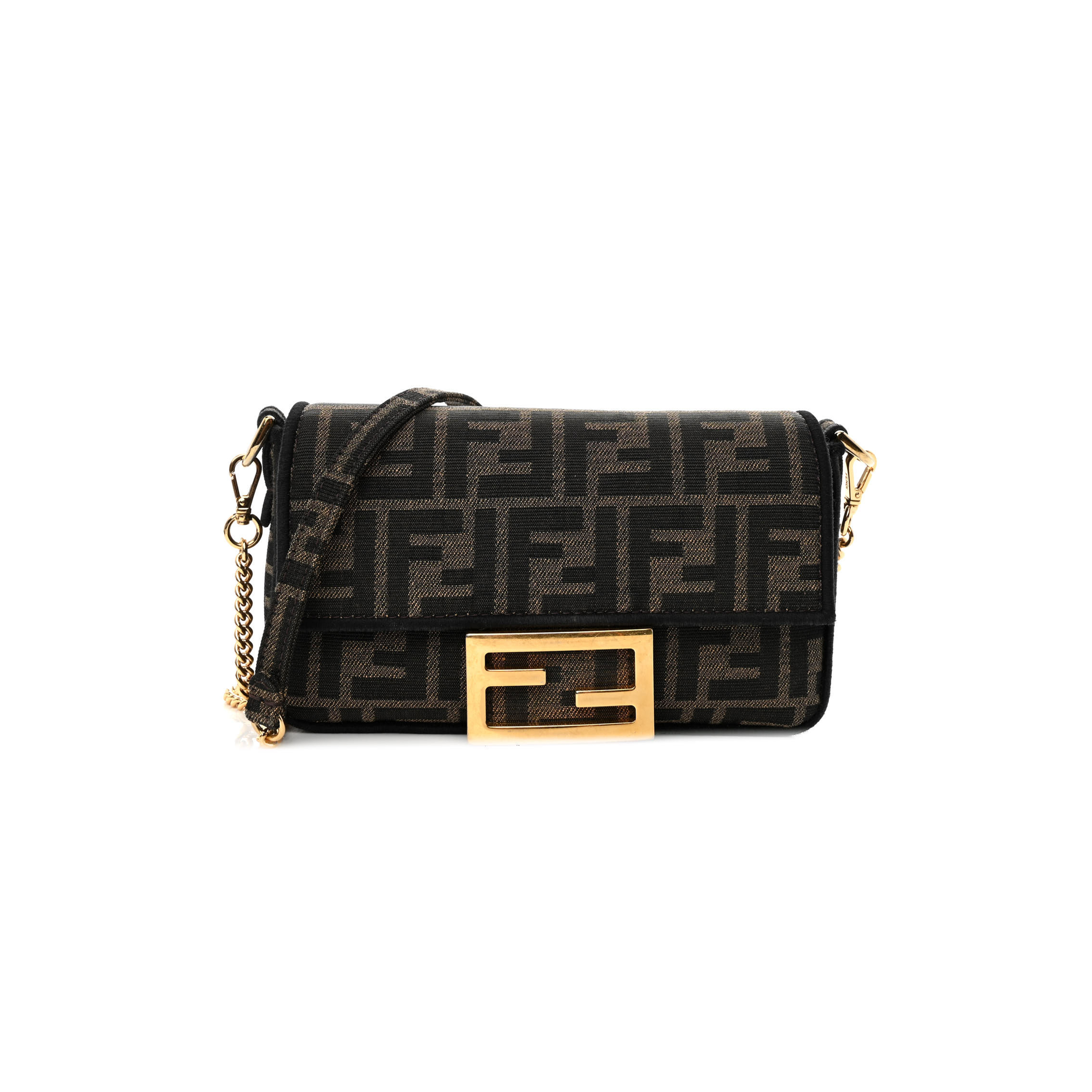 FENDI FABRIC JACQUARD FF 1974 MINI BAGUETTE TOBACCO MORO BLACK (19*11*5cm)