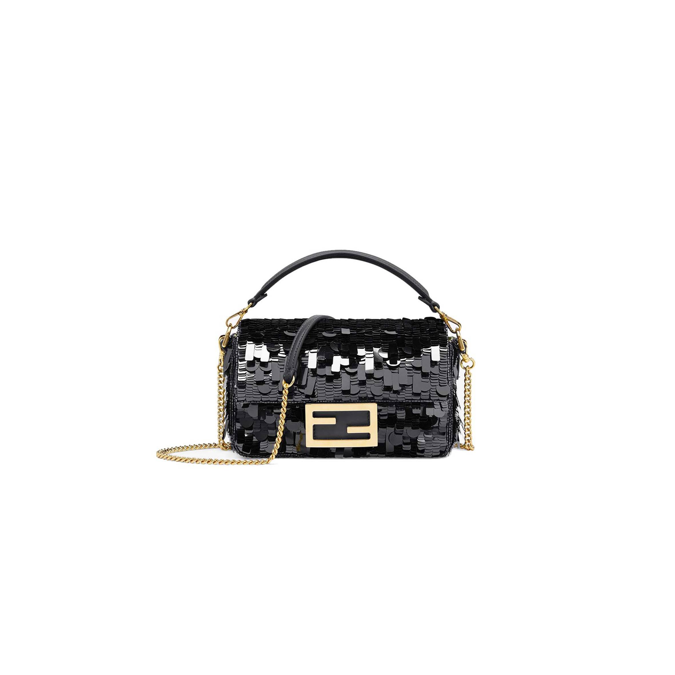 F**di baguette mini - black sequin and leather bag 8bs017amp0f0kur (20*13*5cm)