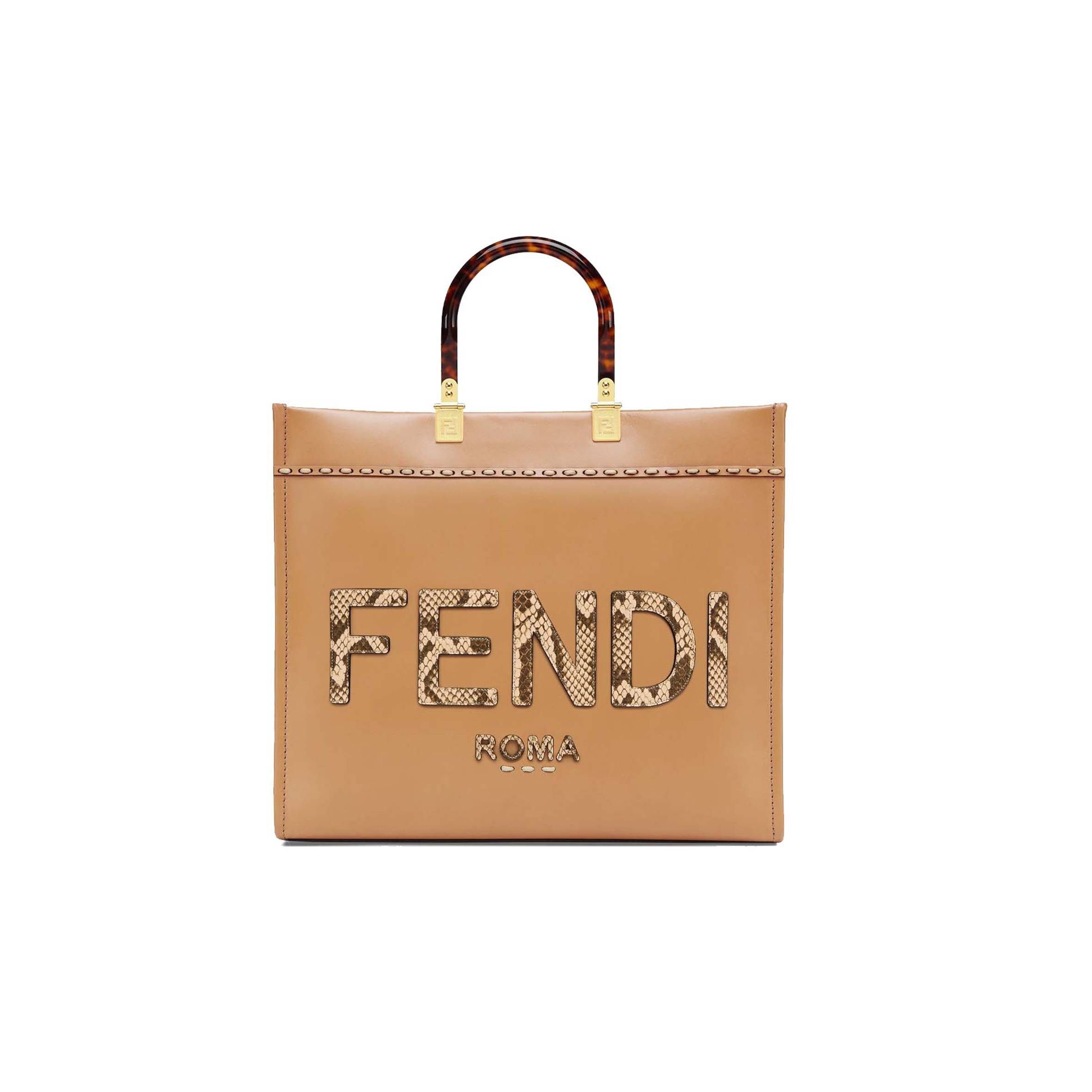 F**di sunshine medium - light brown leather and elaphe shopper bag 8bh386ahn5f1feo (35*31*17cm)