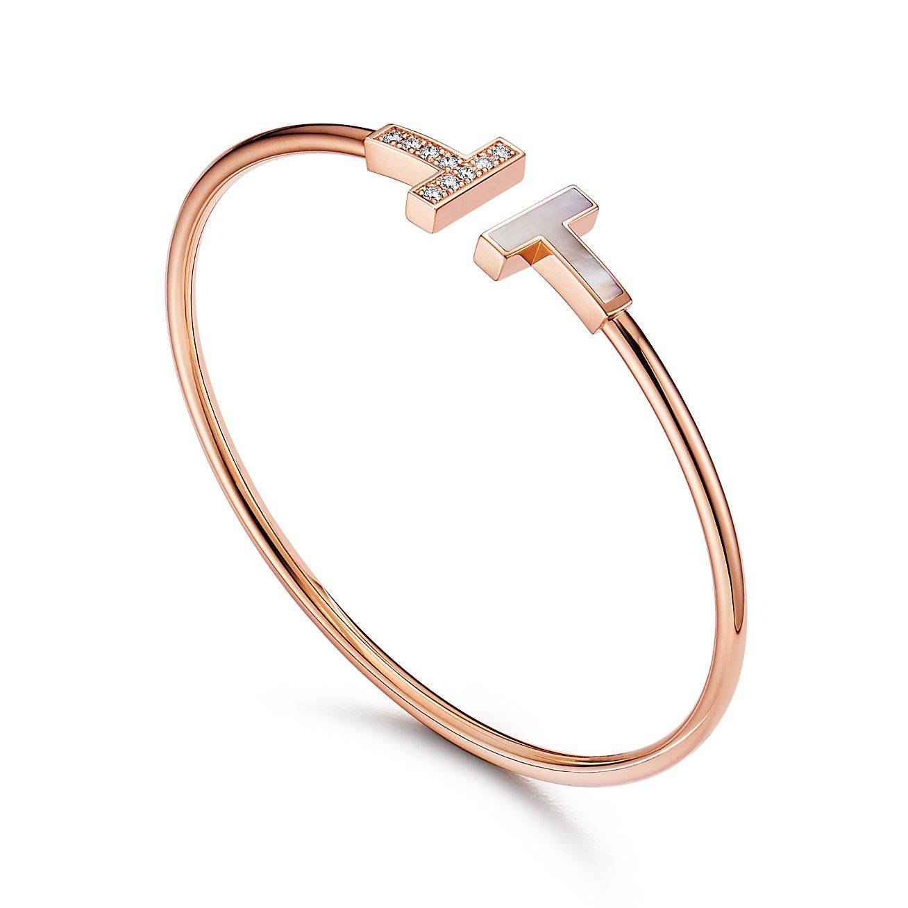 T*f*ny t wire bracelet in rose gold with diamonds and mother-of-pearl