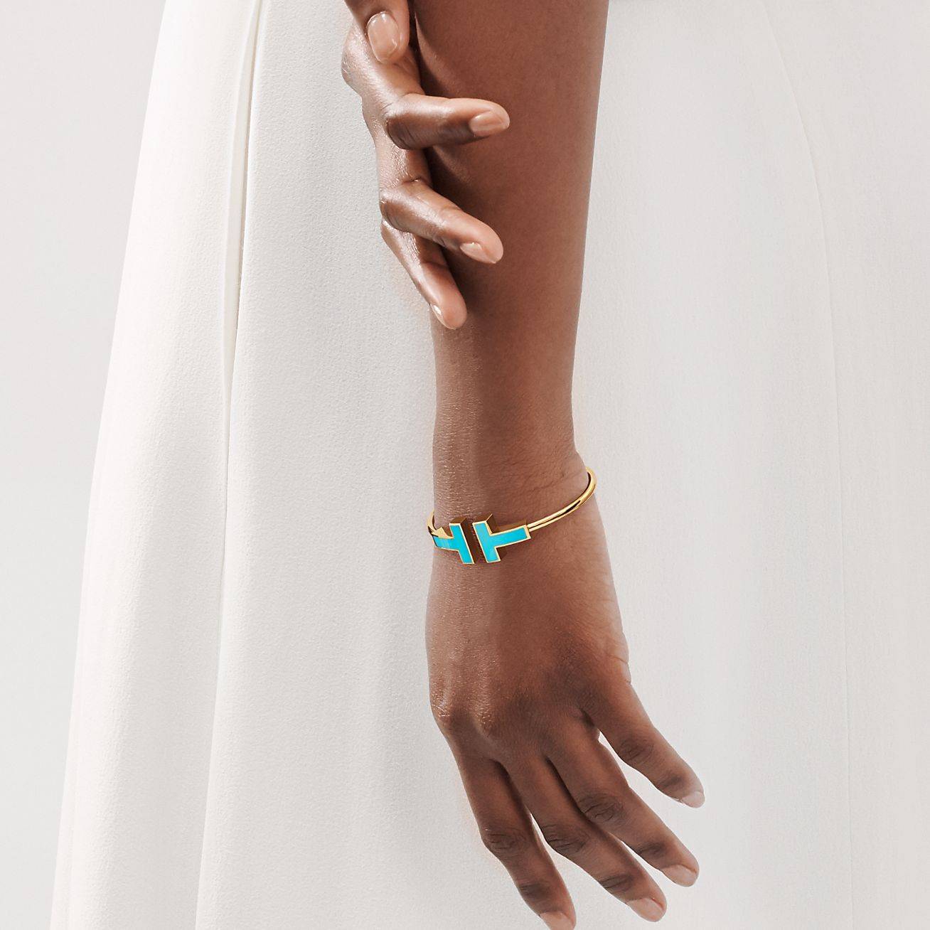 T*f*ny t wide turquoise wire bracelet in 18k gold