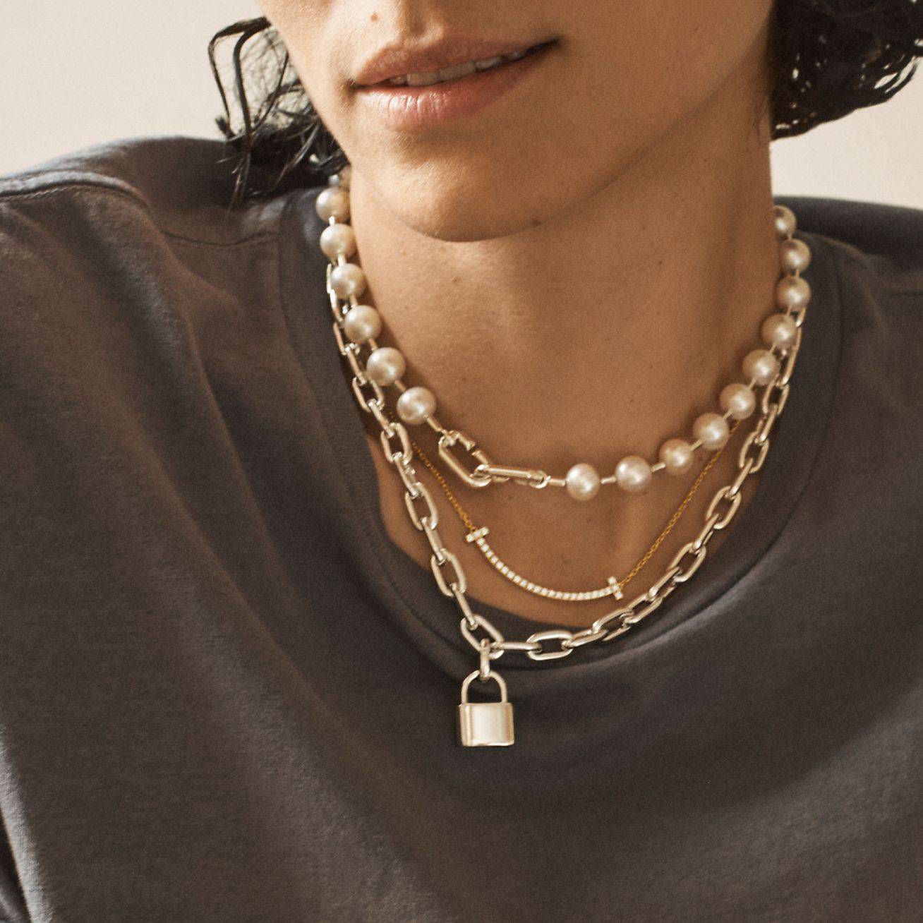 T*f*ny hardwear pearl lock necklace in silver, 9-10 mm