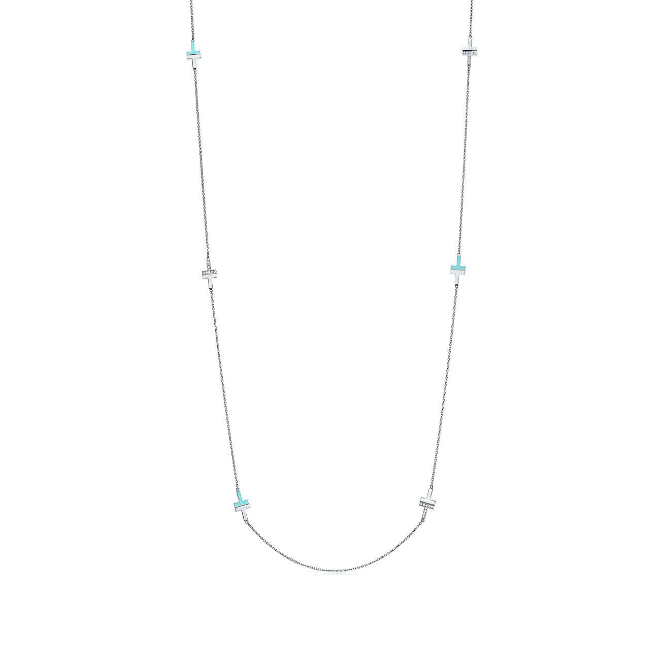 T*f*ny t diamond and turquoise station necklace in 18k white gold, 34