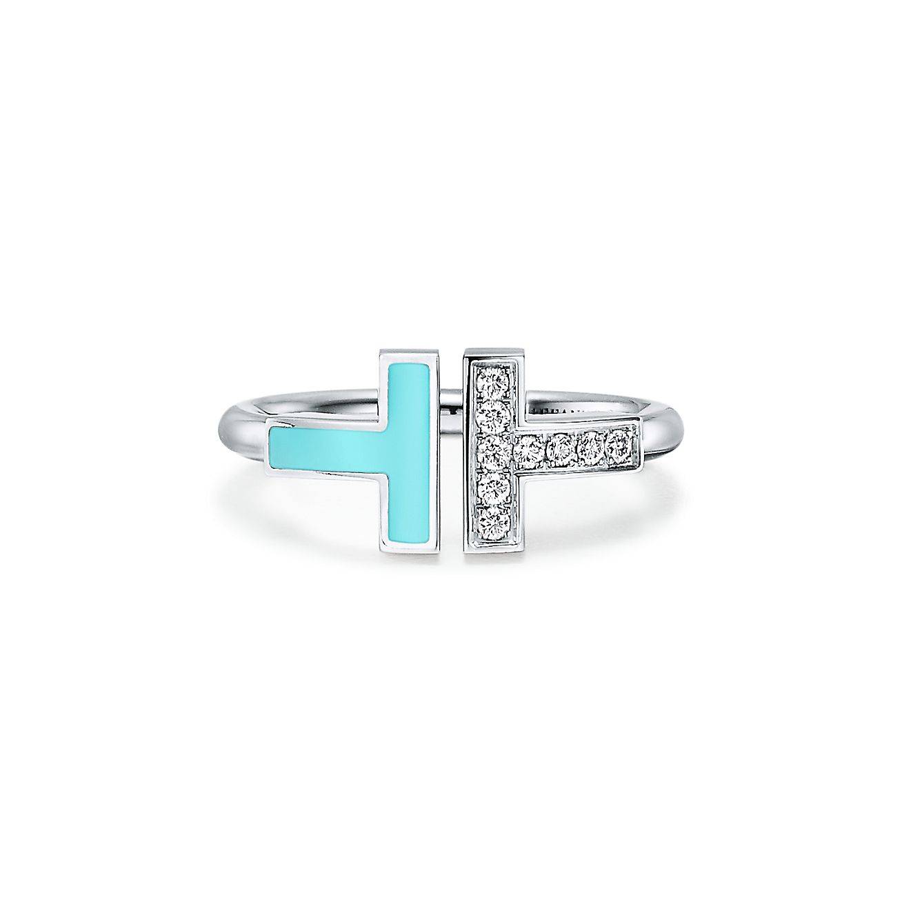 T*f*ny t diamond and turquoise wire ring in 18k white gold