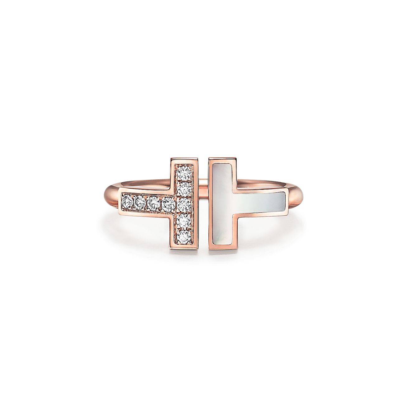 T*f*ny t wire ring in rose gold with diamonds and mother-of-pearl