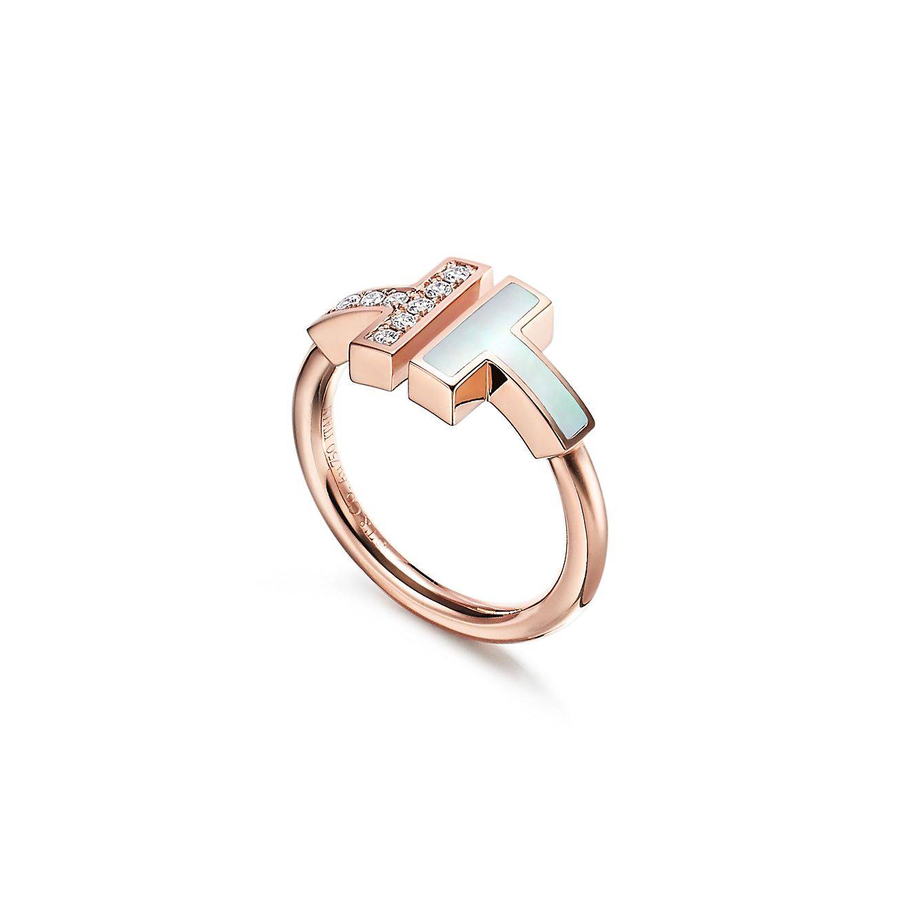 T*f*ny t wire ring in rose gold with diamonds and mother-of-pearl