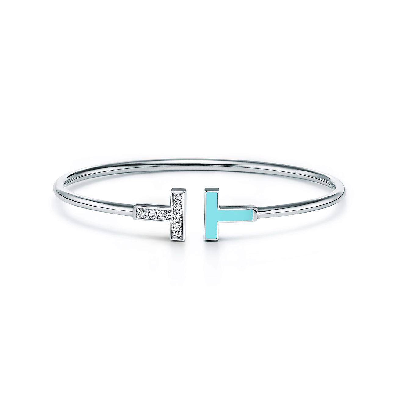 Tiffany T Diamond and Turquoise Wire Bracelet in 18k White Gold