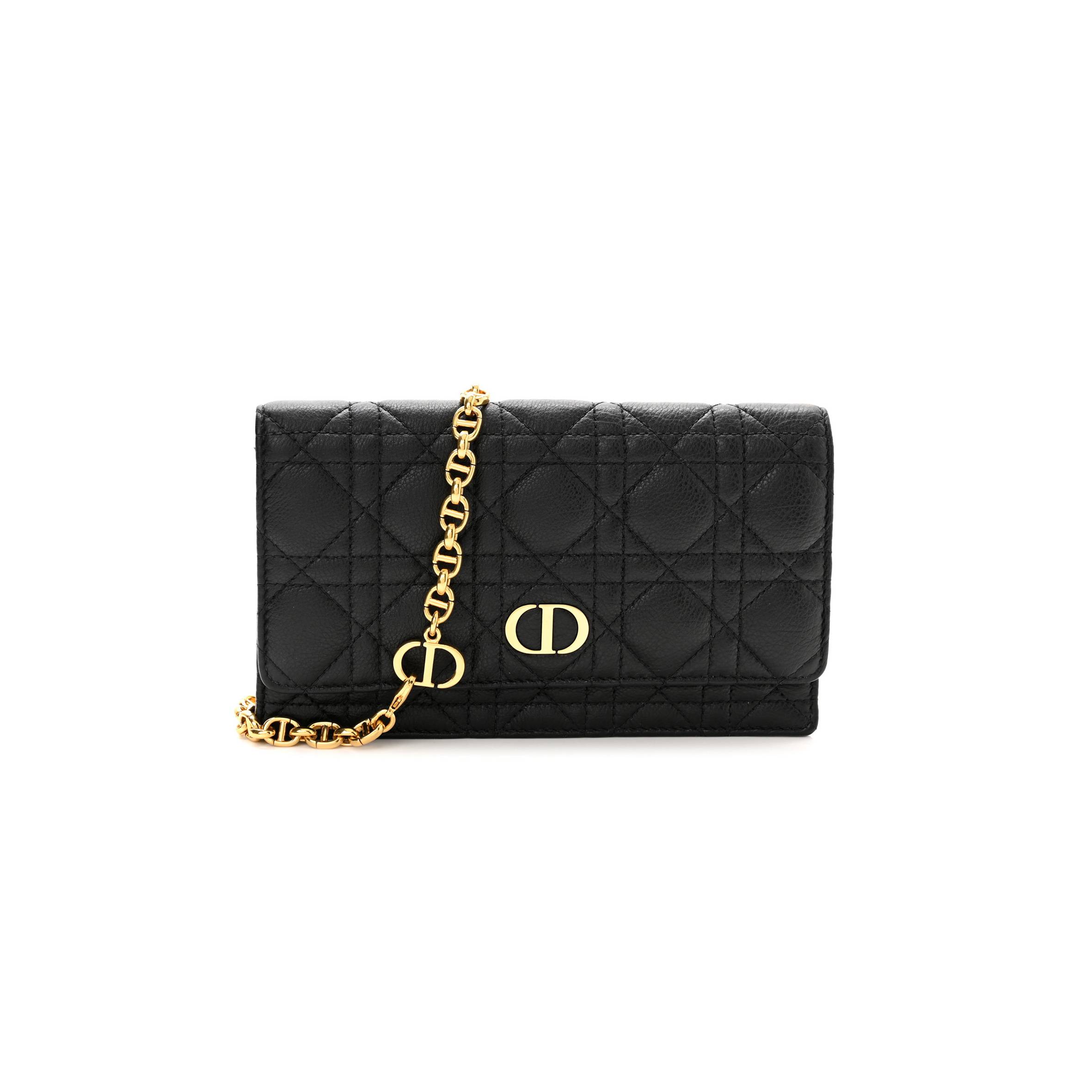 D*or supple calfskin cannage caro belt pouch with chain black (20*12*3.2cm)