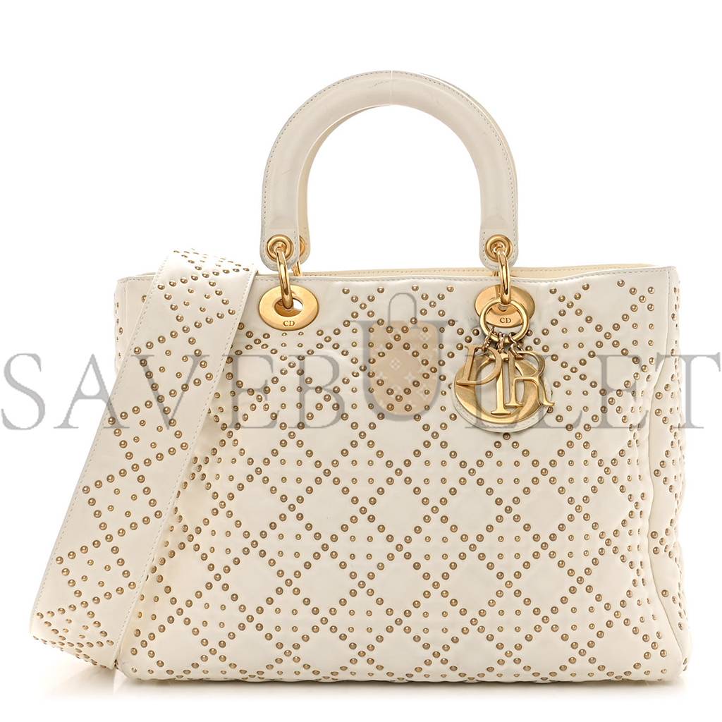 D*or lambskin cannage studded large supple lady D*or white (30*25*11.4cm)