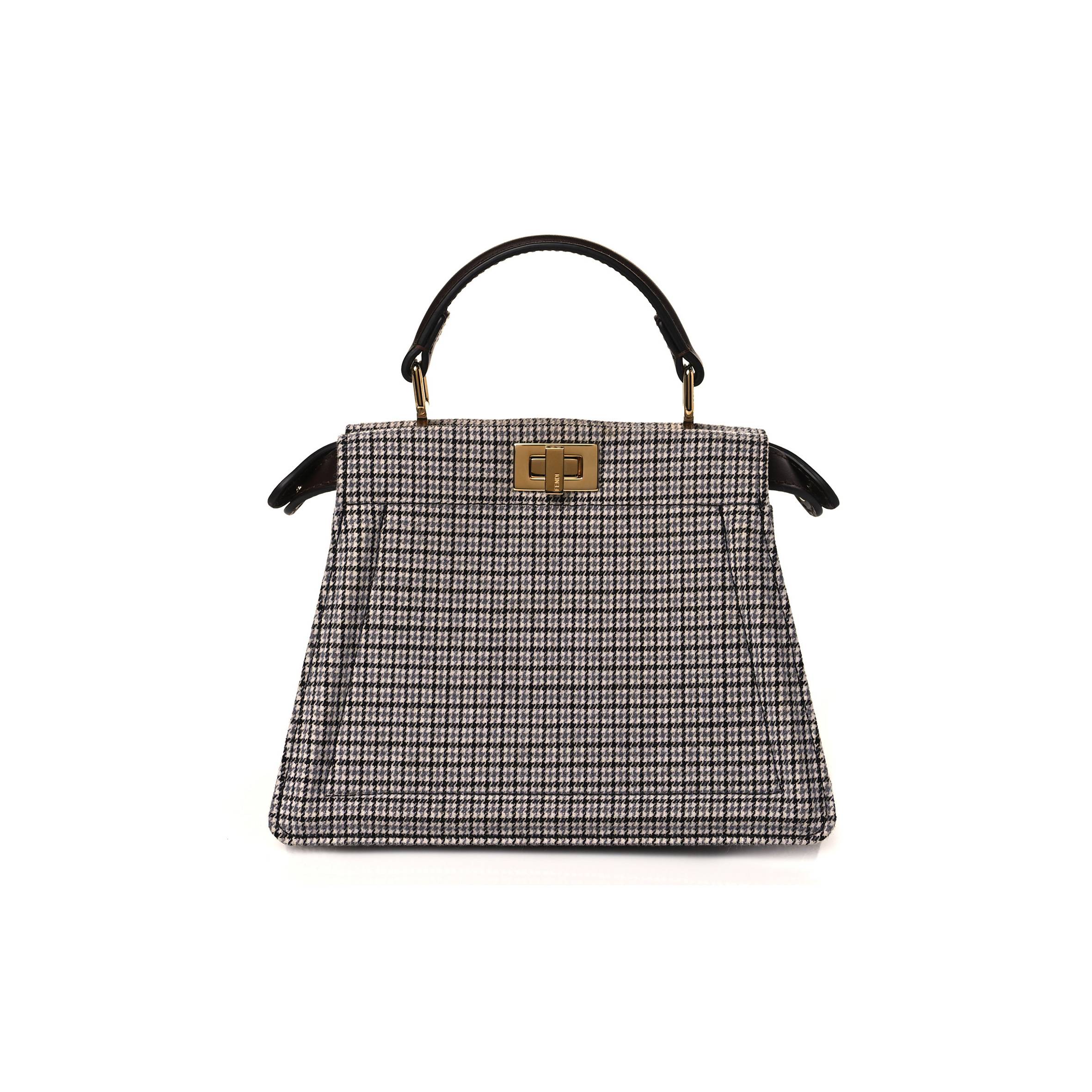 F**di wool fabric jacquard cuoio houndstooth ff 1974 petite peekaboo i see u satchel grey black (20*15*11cm)