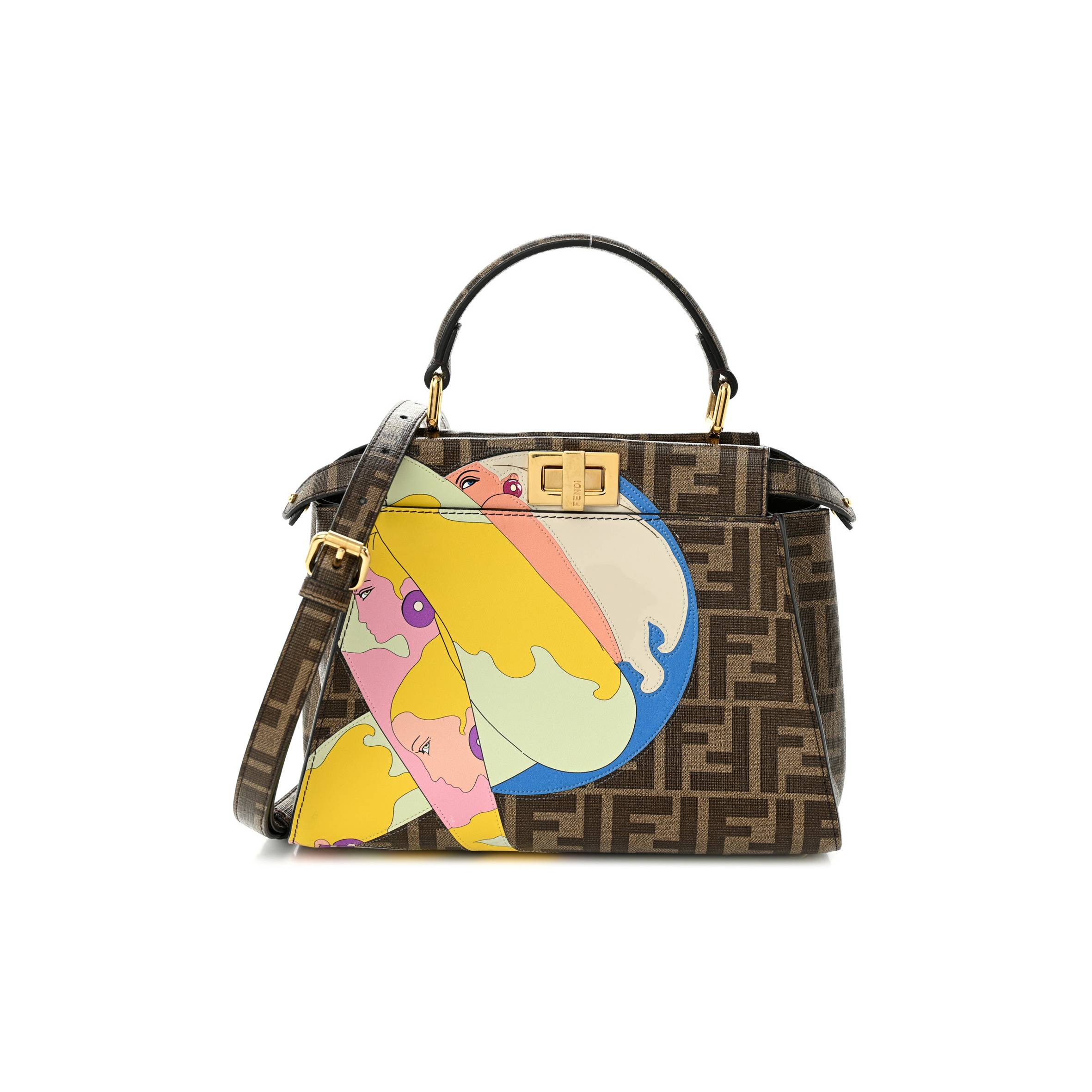 F**di glazed fabric vitello ff 1974 hairdo girls inlay mini peekaboo iconic satchel mogano panna multicolor (23*18*13cm)