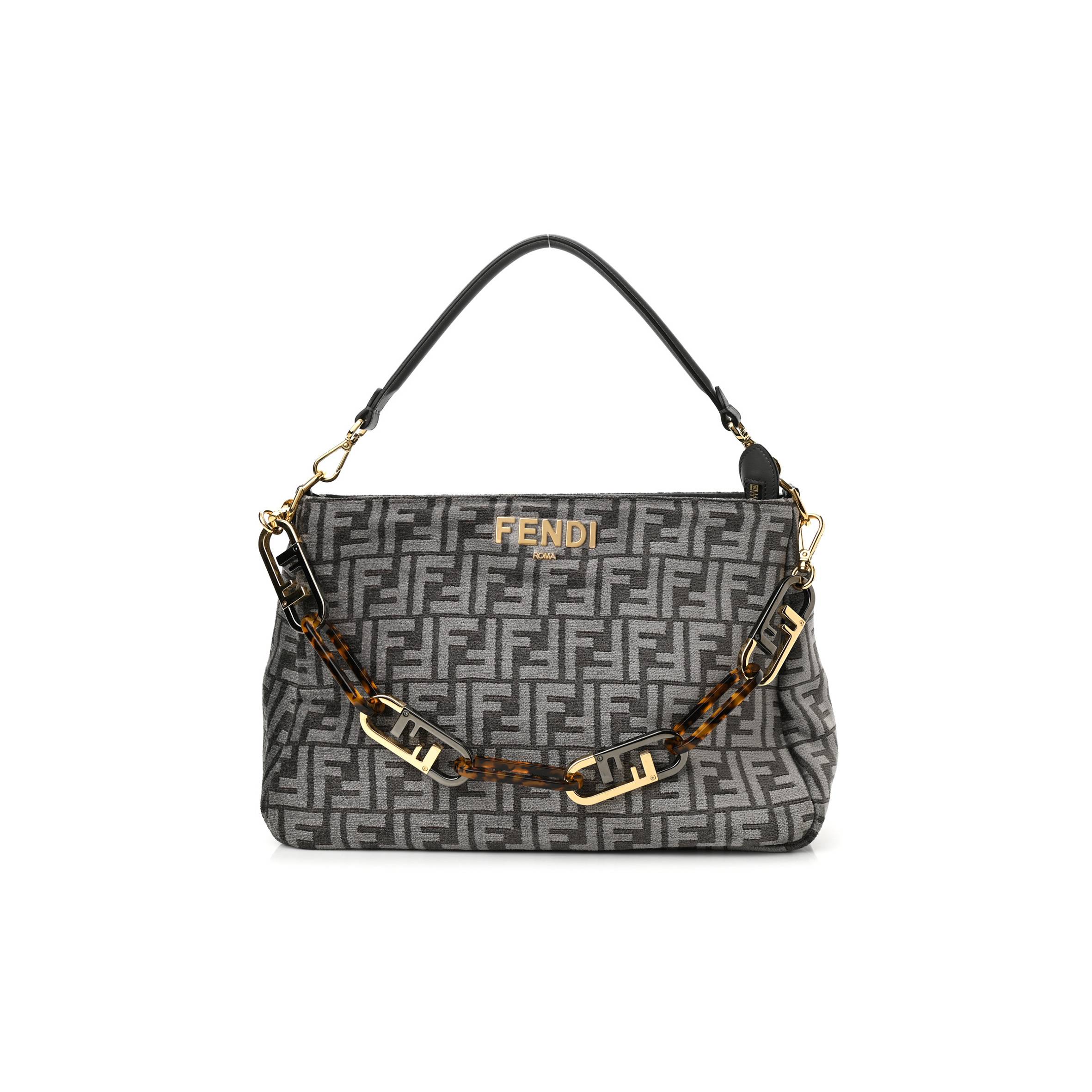 FENDI CHENILLE VITELLO SETA PLEXIGLASS FF FENDI O'LOCK ZIPPER ANTHRACITE ASFALTO (35*23*14cm)