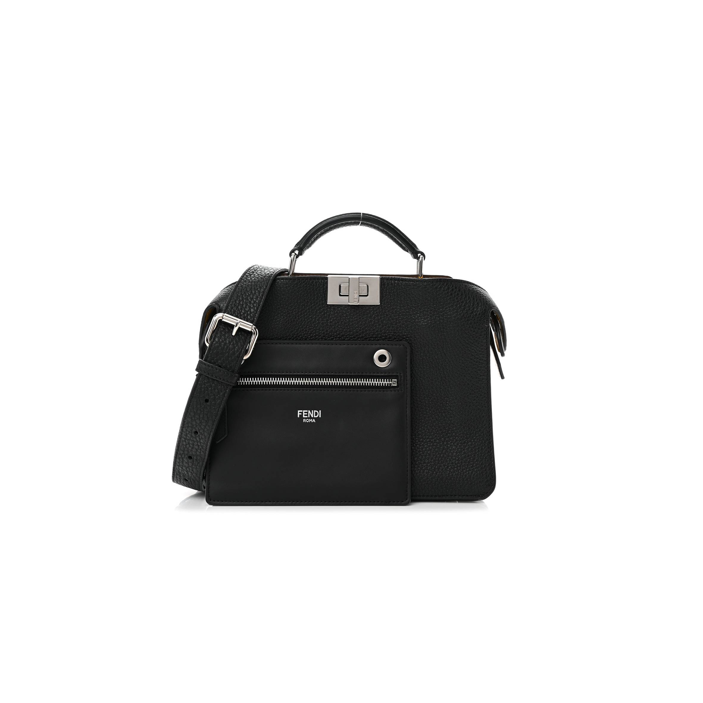 F**di cuoio romano vitello grace light glazed fabric bi-color ff 1974 mini peekaboo i see u satchel black (25*20*9cm)