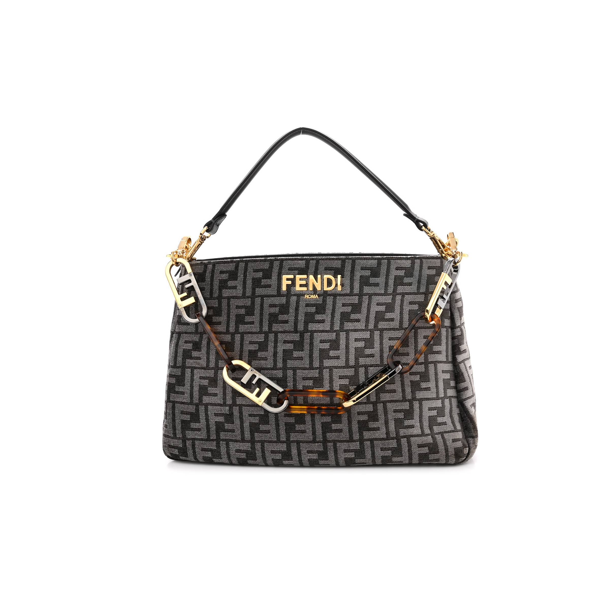 FENDI CHENILLE VITELLO SETA PLEXIGLASS FF FENDI O'LOCK ZIPPER ANTHRACITE ASFALTO (34*23*13cm)