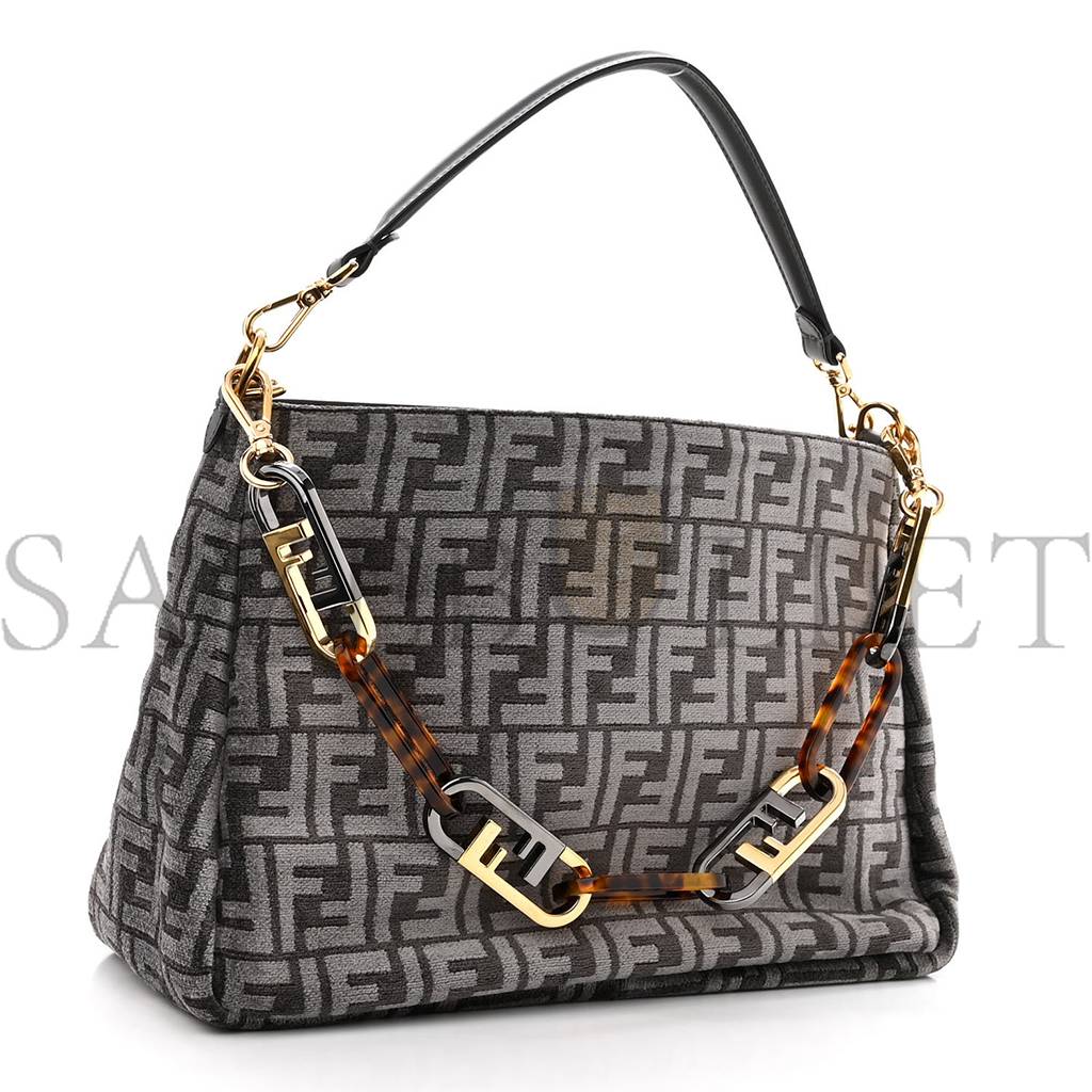 FENDI CHENILLE VITELLO SETA PLEXIGLASS FF FENDI O'LOCK ZIPPER ANTHRACITE ASFALTO (34*23*13cm)