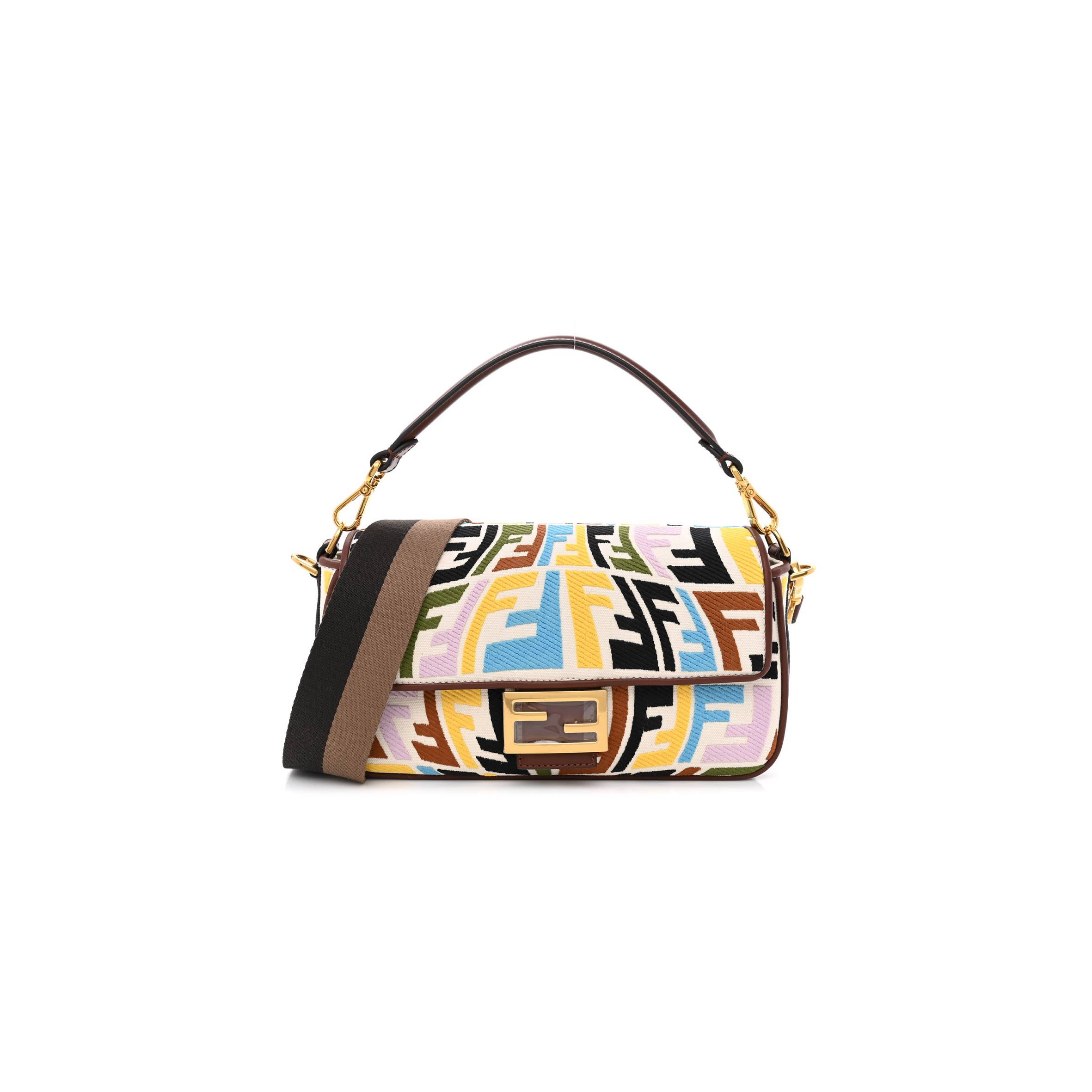 F**di x sara coleman canvas vitello king seta ff fish eye embroidered baguette grezzo multicolor ghianda (28*15*6cm)