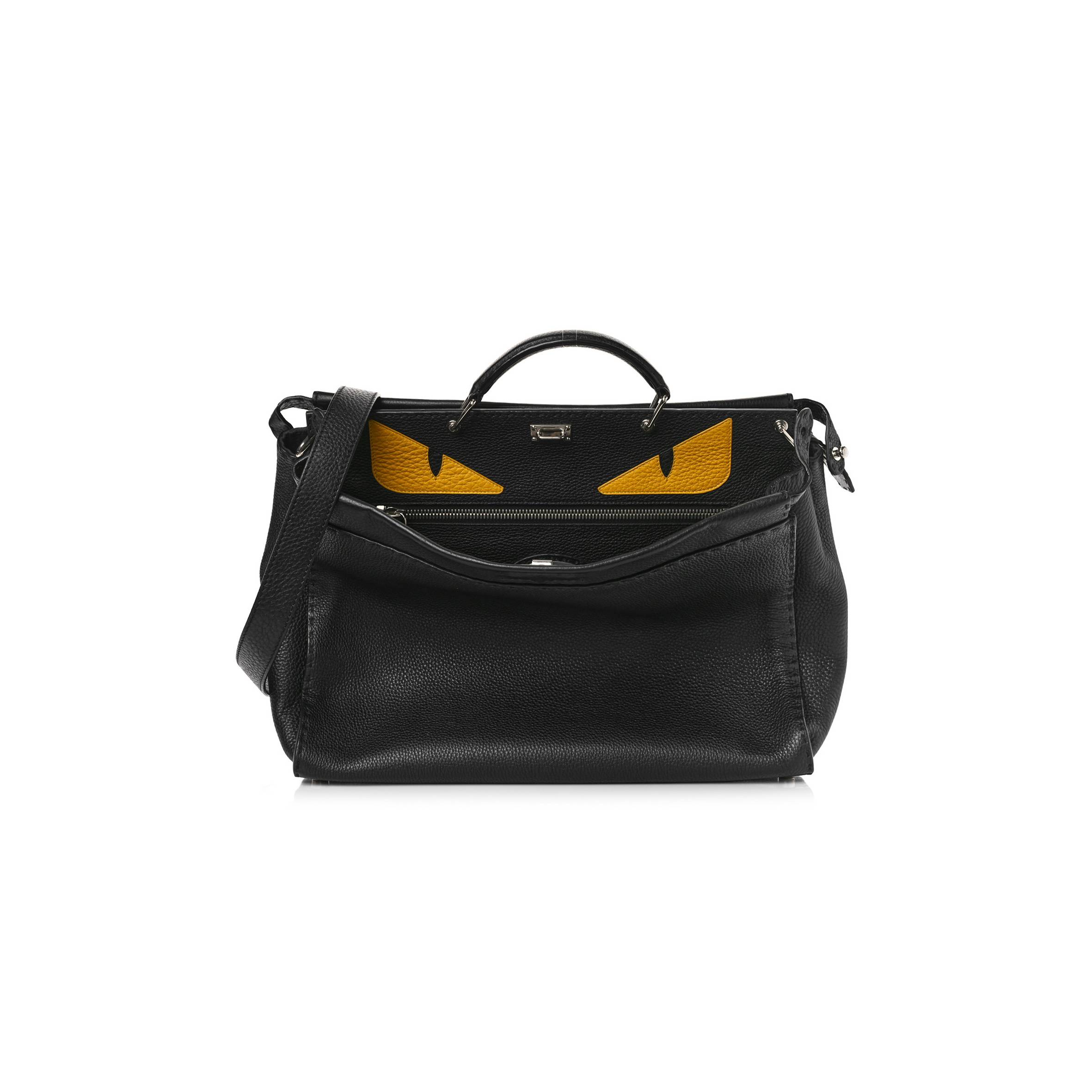 FENDI CUOIO ROMANO SELLERIA MONSTER EYES INLAY LARGE MENS PEEKABOO ICONIC ESSENTIAL SATCHEL BLACK SUNFLOWER (42*30*17cm)