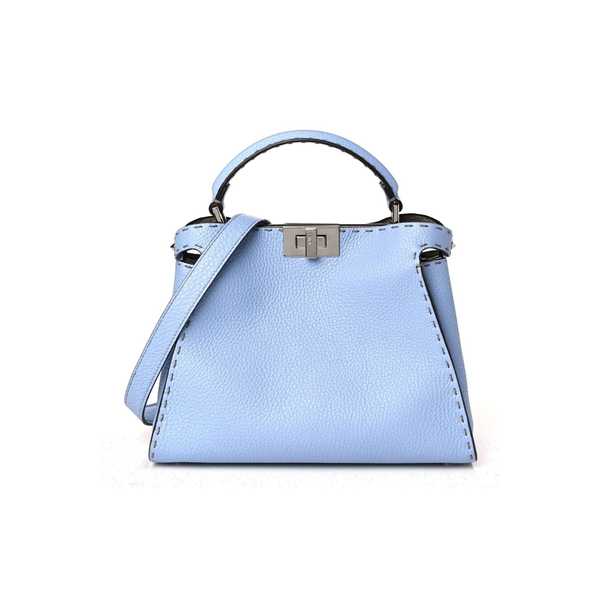 F**di cuoio roma selleria chamois bi-color medium peekaboo iconic essentially satchel sky blue latte (27*21*12cm)