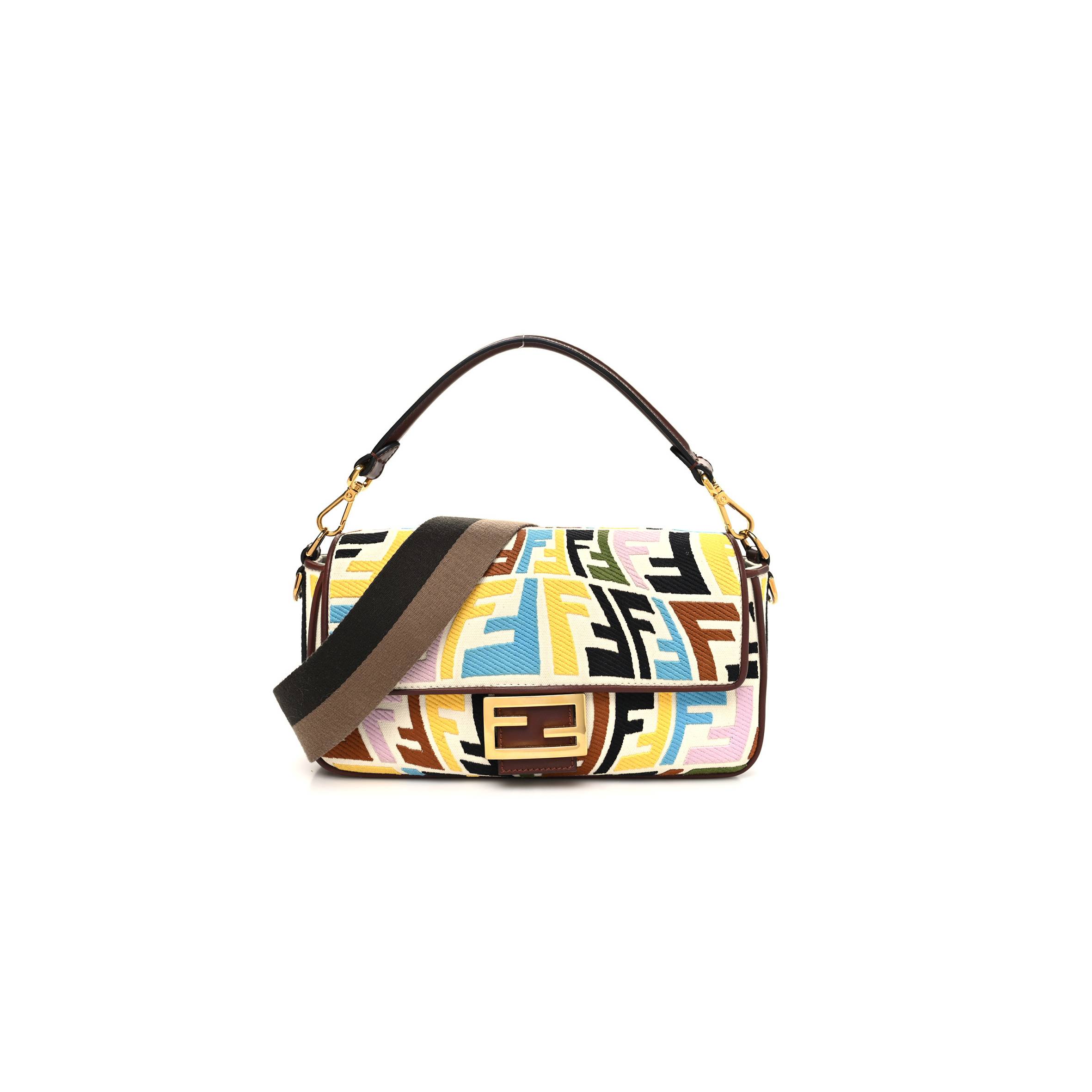 F**di x sara coleman canvas vitello king seta ff fish eye embroidered baguette grezzo multicolor ghianda (28*15*8cm)