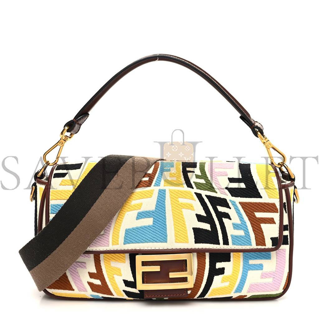 F**di x sara coleman canvas vitello king seta ff fish eye embroidered baguette grezzo multicolor ghianda (28*15*8cm)