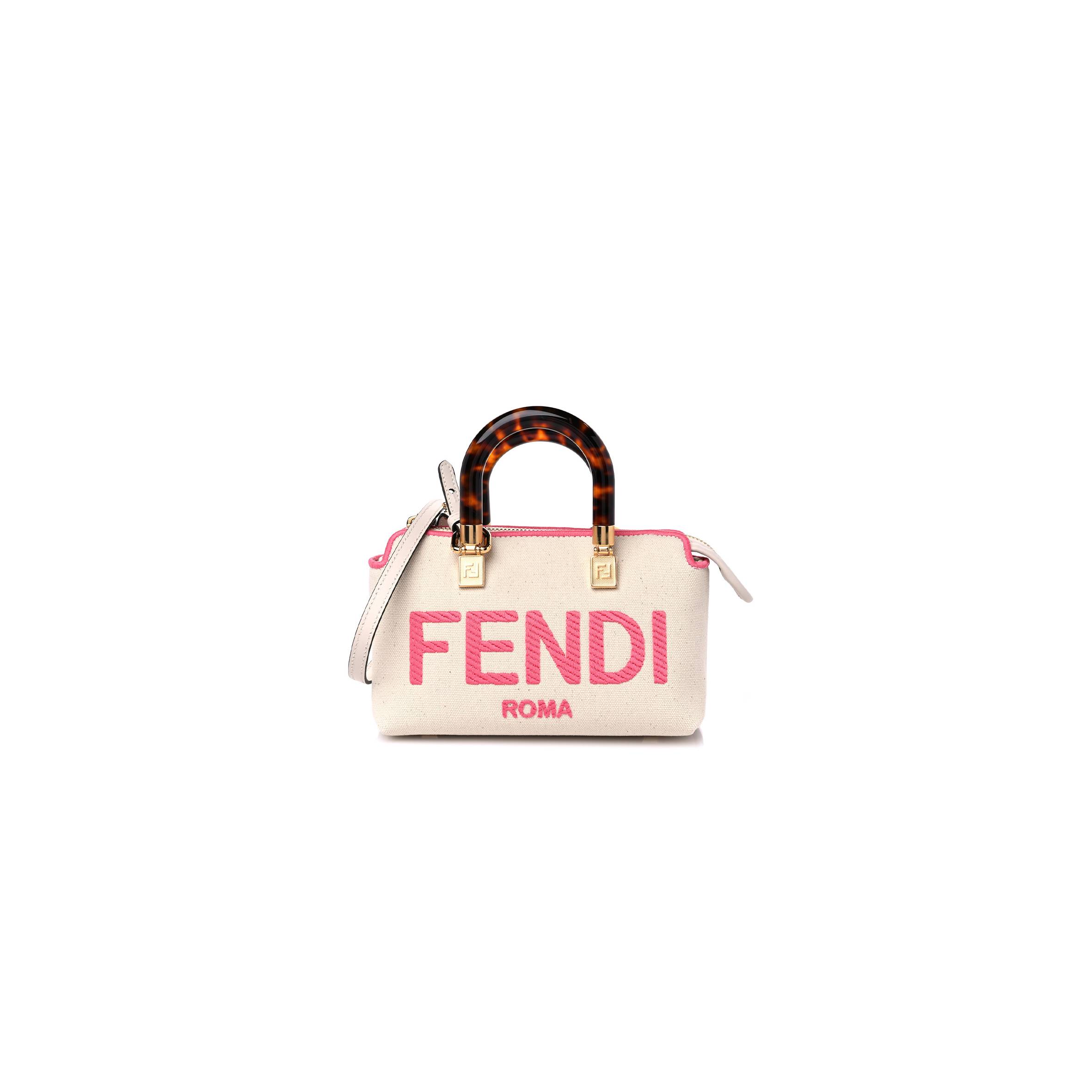 F**di canvas plexiglass logo embroidered mini by the way top handle boston bag grezzo pink dalia (18*11*8cm)