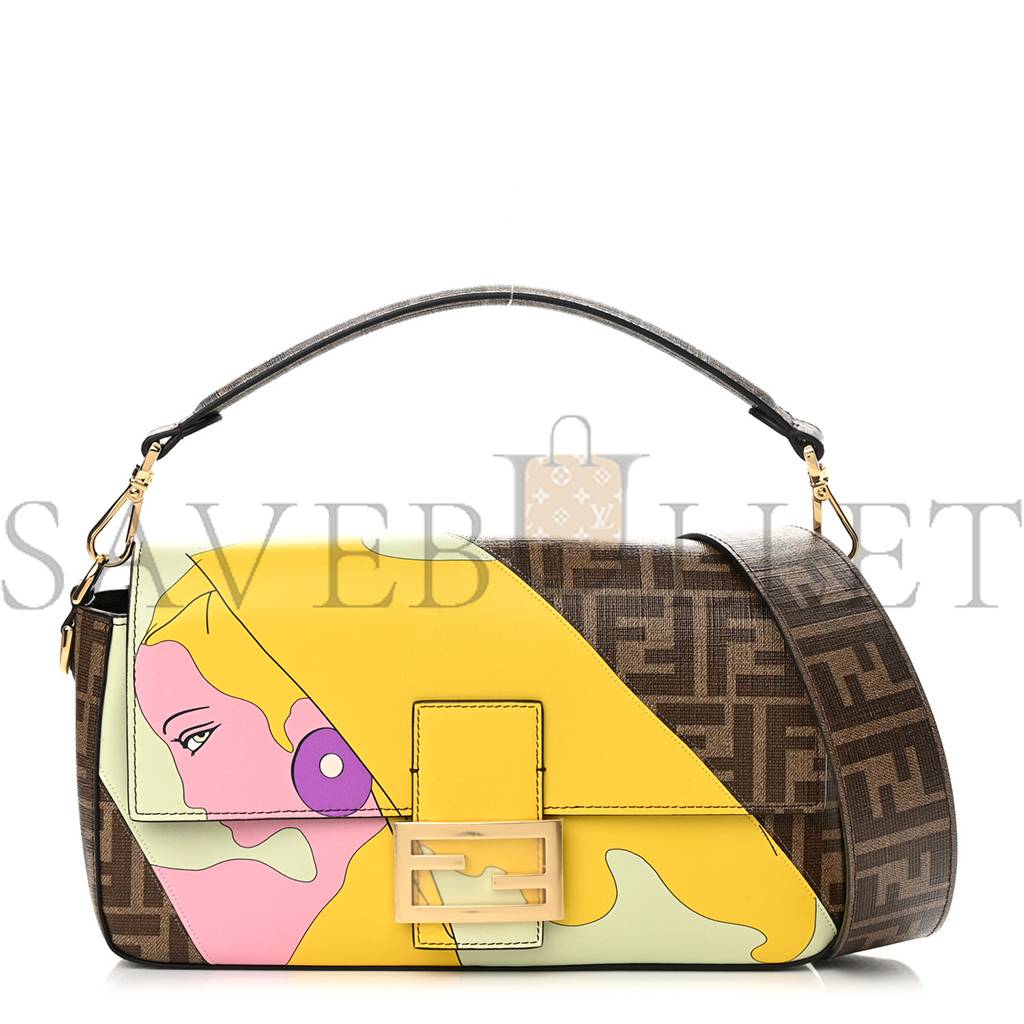 FENDI GLAZED FABRIC FF 1974 HAIRDO GIRLS INLAY BAGUETTE MOGANO PANNA MULTICOLOR (27*15*6cm)