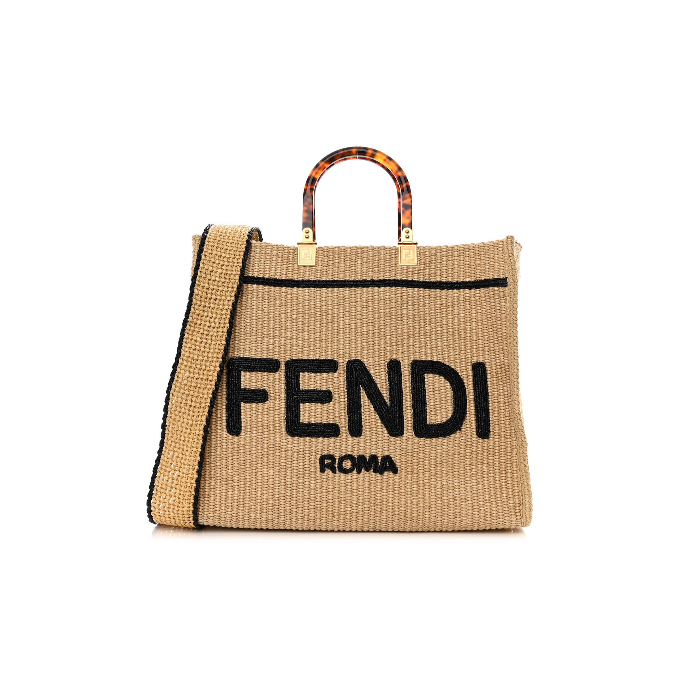 F**di straw vitello king plexiglass woven medium F**di sunshine shopper tote natural black (36*32*17cm)