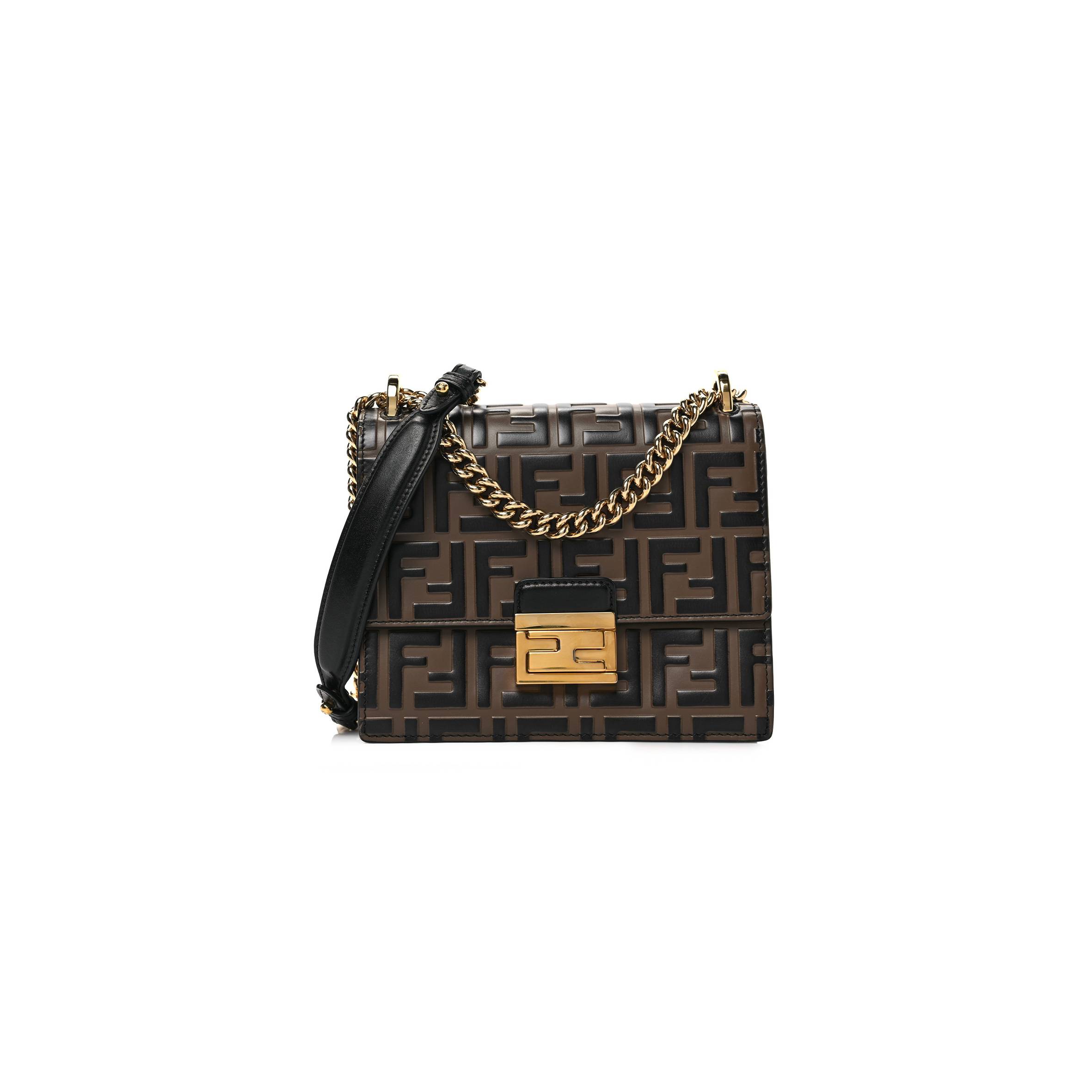 F**di vitello liberty bi-color ff 1974 embossed small kan u shoulder bag maya black (19*15*8cm)